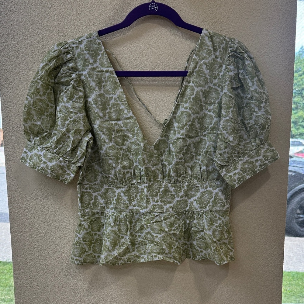 J.Crew Green Floral Peplum Blouse Puff Sleeve Cottagecore Top Size 6 - Picture 2 of 8